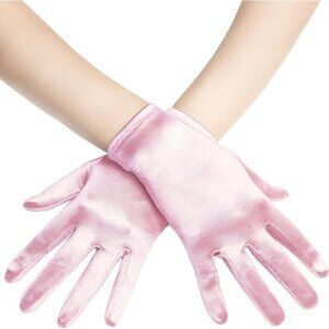 Women's Short Pink Satin Silk Gloves Banquet Wedding Party Costume Accessories
